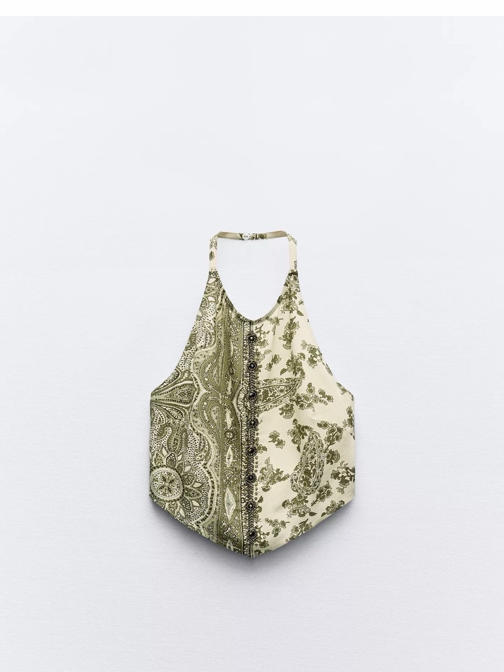 Zara Cream and Olive Paisley Wide-Leg Drawstring Pants